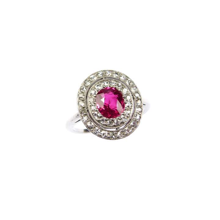 Early 20th century cushion cut Burma ruby and diamond oval cluster ring
